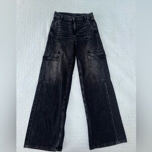 American Eagle Super High Waisted Cargo Baggy Wide Leg Black Jeans Size 2 Long